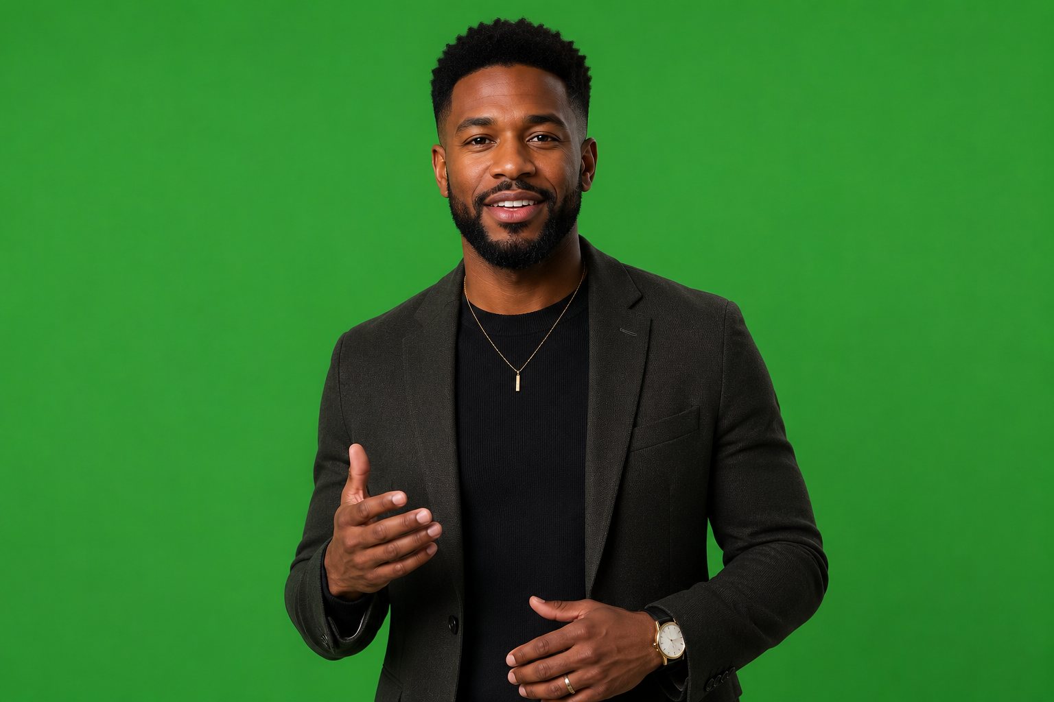 Presenter on green screen during an avatar capture session