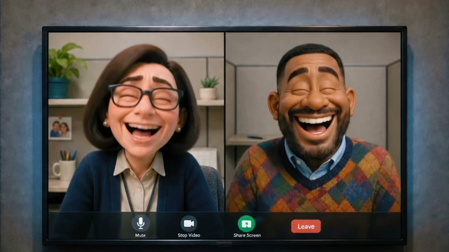 Two clients laughing on a video call