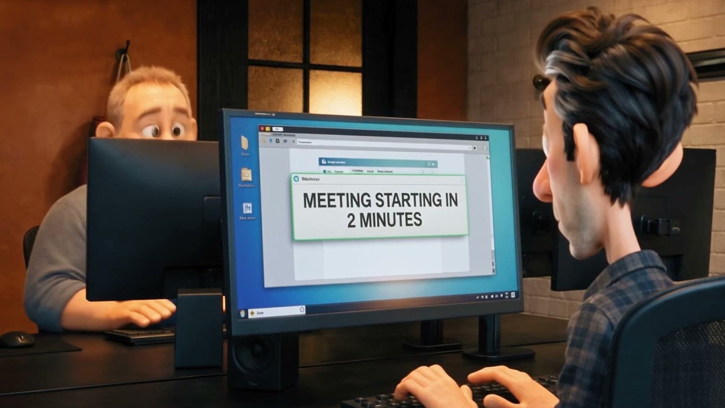 Gus and Wendell in the edit bay as a meeting reminder pops up