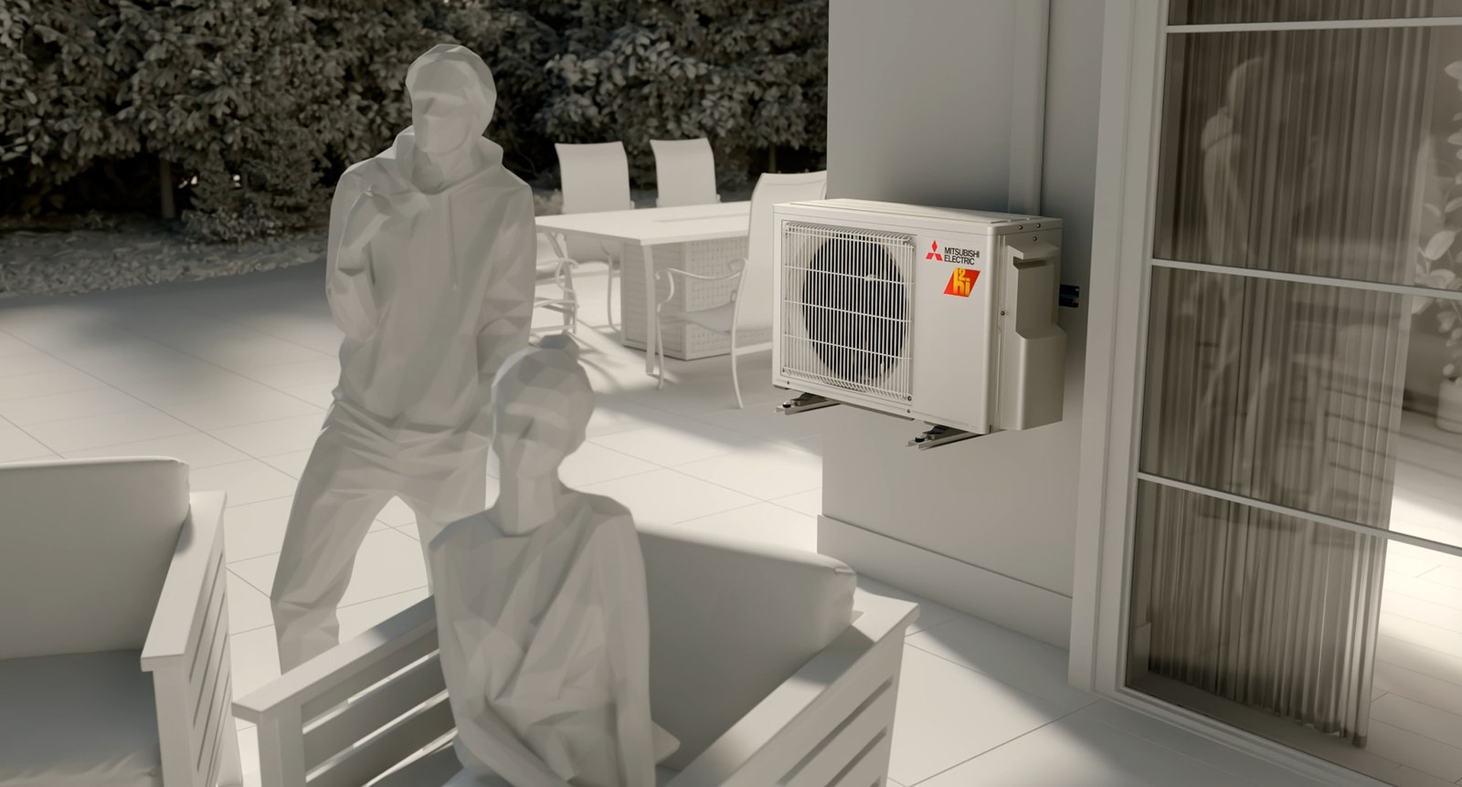 Clay-render patio scene with the finished Mitsubishi Electric unit in color