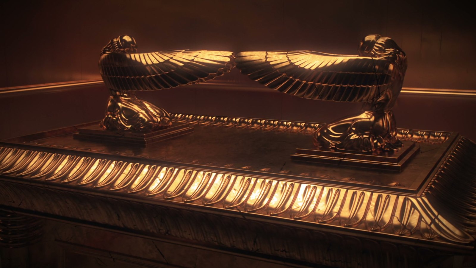 CG reconstruction of the Ark of the Covenant, golden cherubim wings meeting